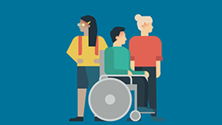 An illustration with 3 people, one person is in a wheelchair