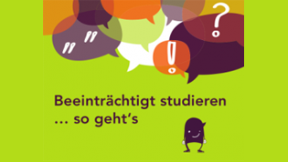 The photo shows a colorful illustration with speech bubbles with exclamation marks and question marks. Underneath it says: Studying with disabilities.... This is how it works